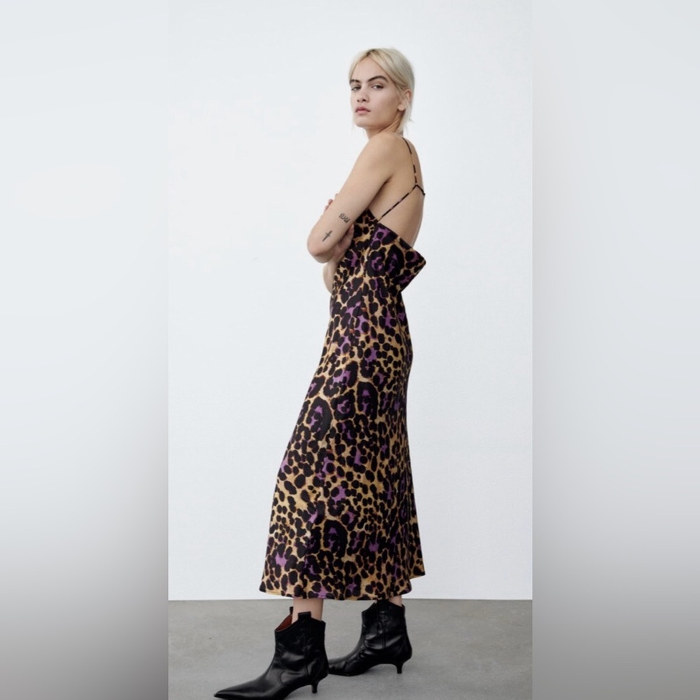 Zara Satin printed slip lined Dress with a Leopard Black, Purple, Brown print. - Picture 6 of 17